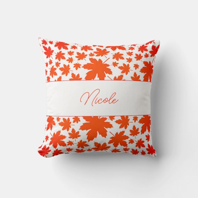 Personalized Orange Farmhouse Autumn Leaves Throw Pillow (Front)