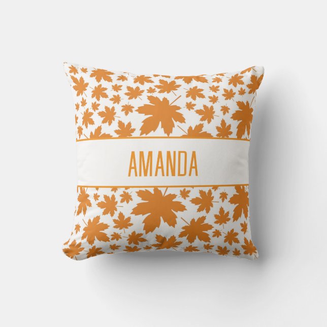 Personalized Orange Farmhouse Fall Leaves Throw Pillow (Front)