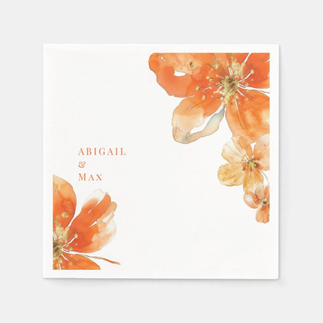 Personalized Orange Floral Wedding Cocktail Napkins (Front)