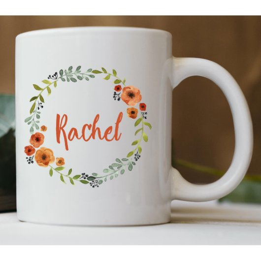 Personalized Orange Flower Wreath Coffee Mug (Front)