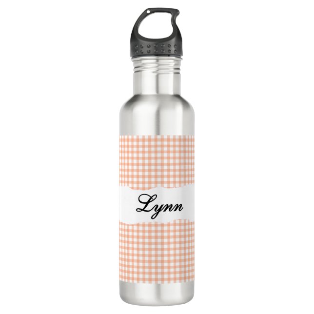 Personalized Orange Gingham Pattern & Custom Name Stainless Steel Water Bottle (Front)