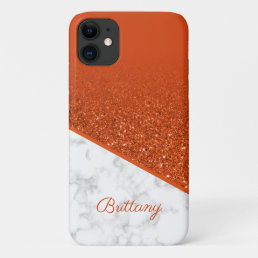 Personalized Orange Glitter - White Marble iPhone 11 Case