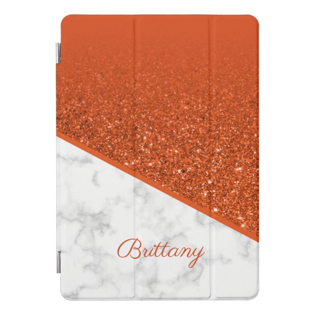 Personalized Orange Glitter - White Marble iPad Pro Cover (Front)