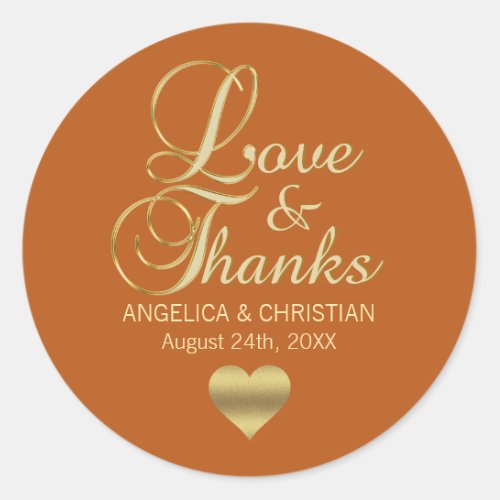 Personalized ORANGE Gold LOVE  THANKS Wedding Classic Round Sticker