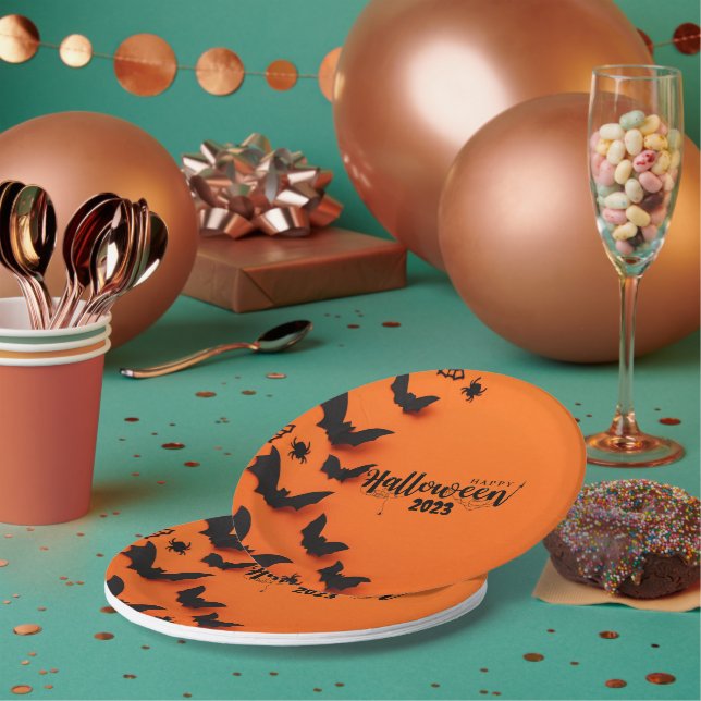 PERSONALIZED ORANGE HALLOWEEN  PAPER PLATES (Multi)