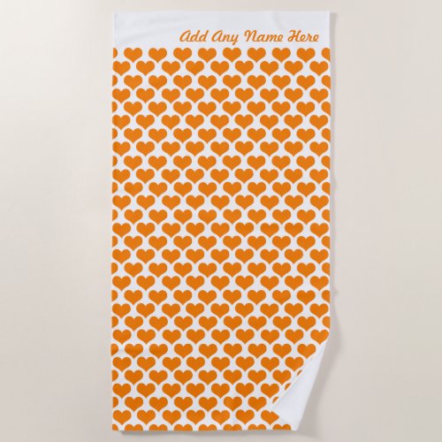 Personalized Orange Hearts Beach Towel - Add any name to this cute, bright orange heart pattern beach towel for a perfect gift