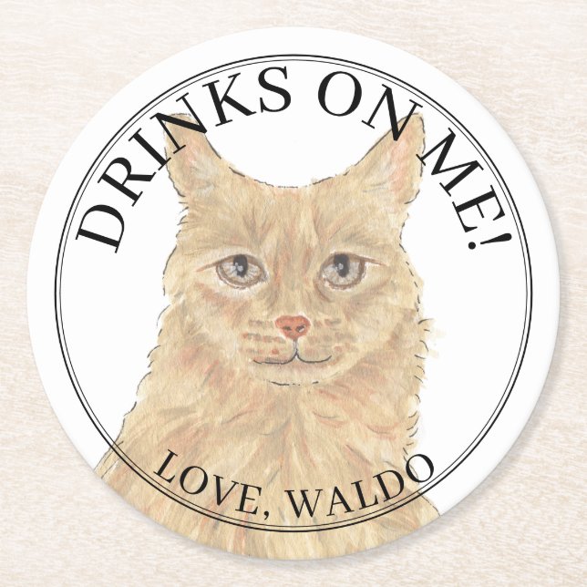 Personalized Orange Maine Coon Cat Wedding Round Paper Coaster (Front)