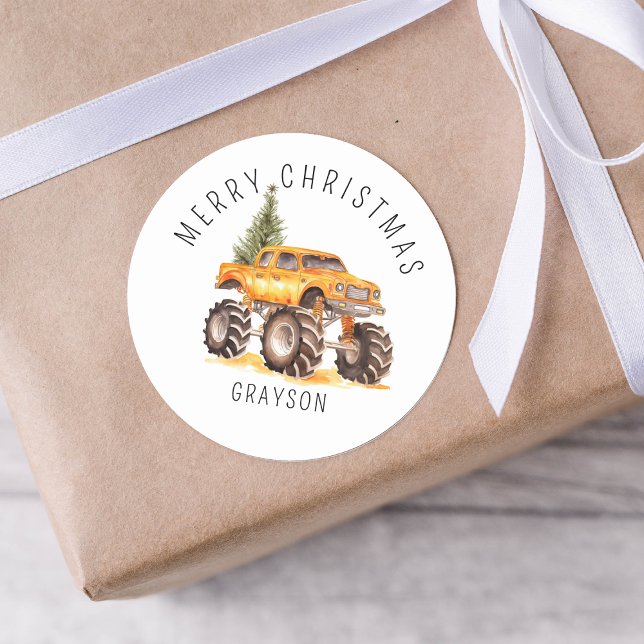 Personalized Orange Monster Truck Christmas Gift Classic Round Sticker (Creator Uploaded)