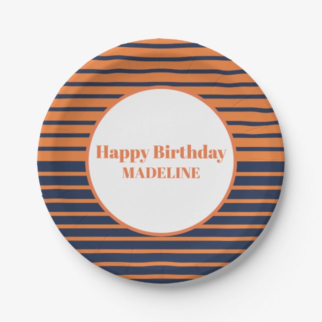 Personalized Orange Navy Blue Striped Birthday Paper Plates (Front)