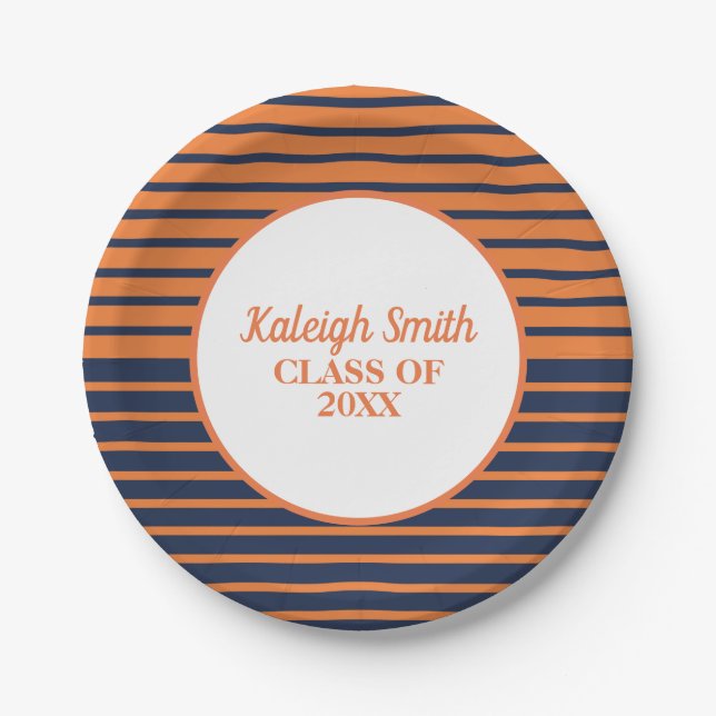 Personalized Orange Navy Blue Striped Graduation Paper Plates (Front)