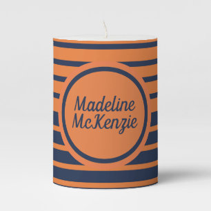 Personalized Orange Navy Blue Striped Pillar Candle