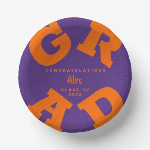 Personalized Orange on Purple Graduation Paper Bowls