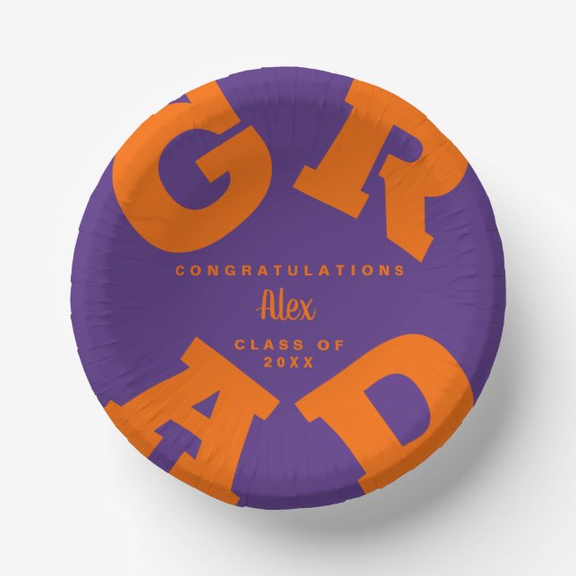 Personalized Orange on Purple Graduation Paper Bowls (Front)