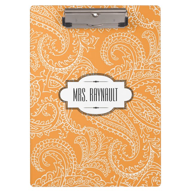 Personalized Orange Paisley Clipboard (Front)