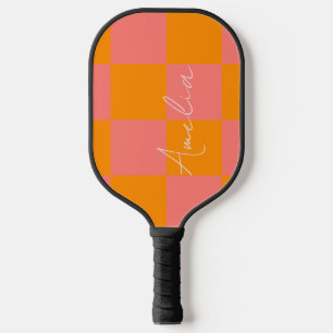 Personalized Orange pink Check Pickleball Paddle