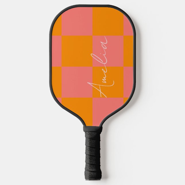 Personalized Orange pink Check Pickleball Paddle (Front)