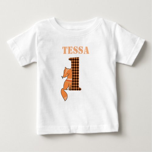 Personalized Orange Plaid Fox First Birthday Baby Baby T_Shirt