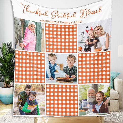 Personalized Orange Plaid Plaid 5 Photo Collage Fleece Blanket