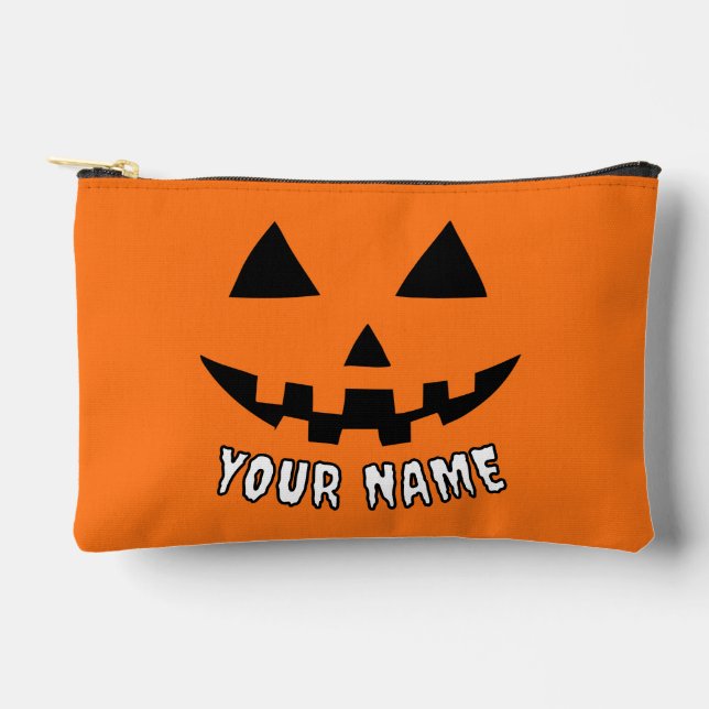 Personalized Orange Pumpkin Halloween Your Name Accessory Pouch (Front)