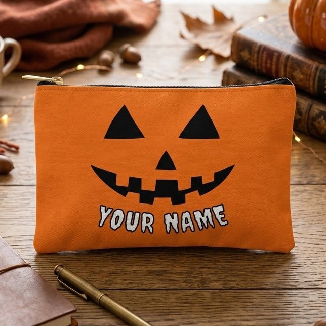 Personalized Orange Pumpkin Halloween Your Name Accessory Pouch (Creator Uploaded)
