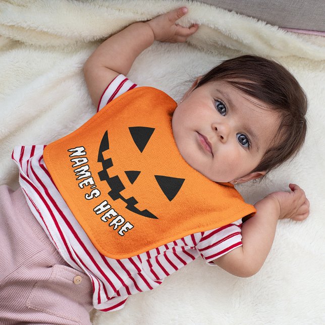 Personalized Orange Pumpkin Halloween Your Name Baby Bib (Creator Uploaded)