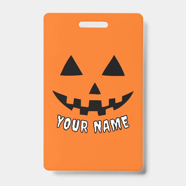Personalized Orange Pumpkin Halloween Your Name Badge (Front)