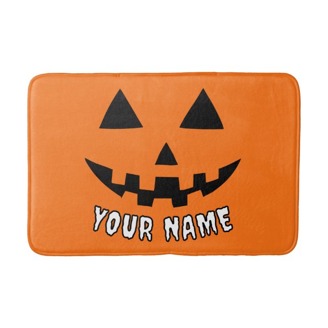 Personalized Orange Pumpkin Halloween Your Name Bath Mat (Front)