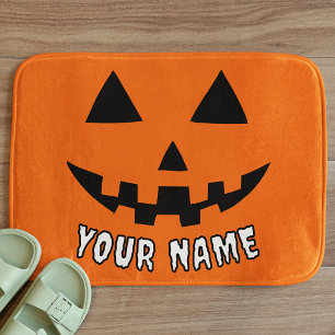 Personalized Orange Pumpkin Halloween Your Name Bath Mat