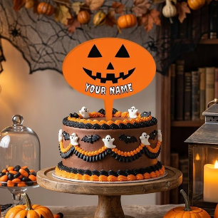 Personalized Orange Pumpkin Halloween Your Name Cake Topper