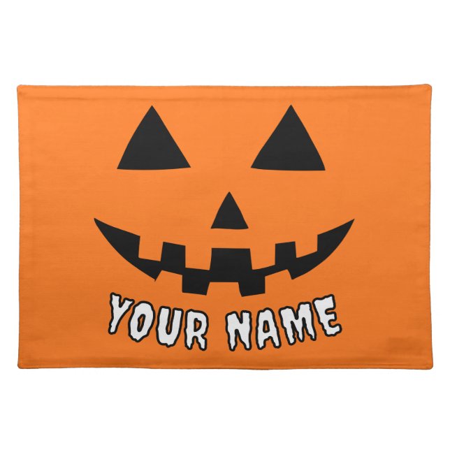 Personalized Orange Pumpkin Halloween Your Name Cloth Placemat (Front)