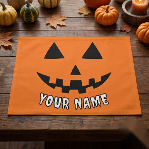 Personalized Orange Pumpkin Halloween Your Name Cloth Placemat