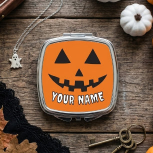 Personalized Orange Pumpkin Halloween Your Name Compact Mirror