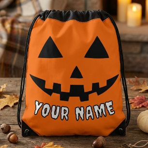 Personalized Orange Pumpkin Halloween Your Name Drawstring Bag