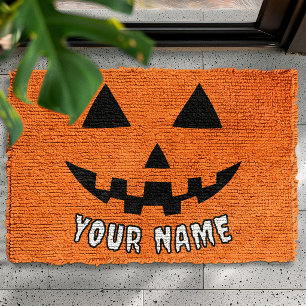 Personalized Orange Pumpkin Halloween Your Name Fiber Doormat