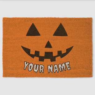 Personalized Orange Pumpkin Halloween Your Name Fiber Doormat