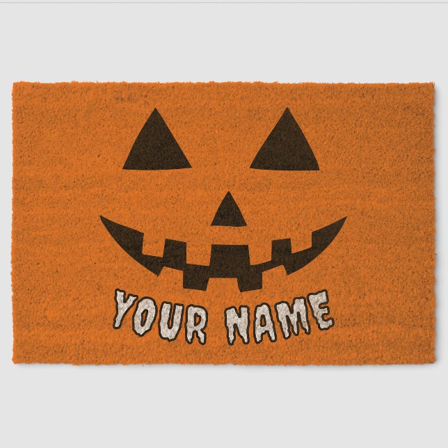 Personalized Orange Pumpkin Halloween Your Name Fiber Doormat (Front)