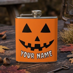 Personalized Orange Pumpkin Halloween Your Name Flask