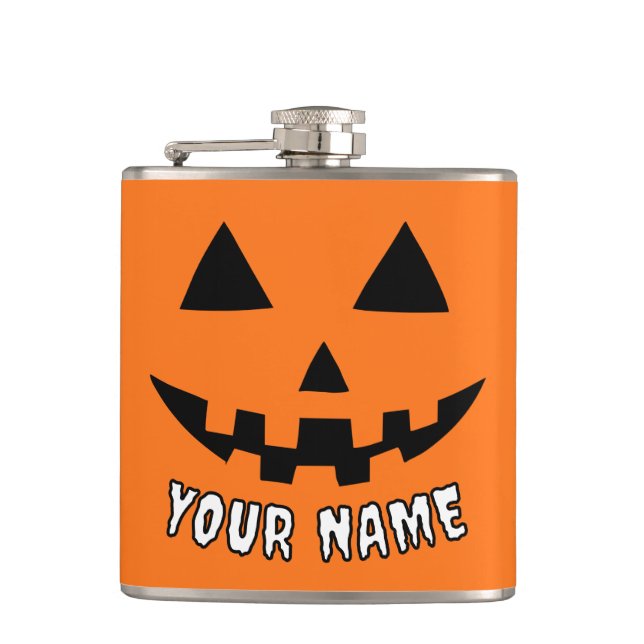 Personalized Orange Pumpkin Halloween Your Name Flask (Front)