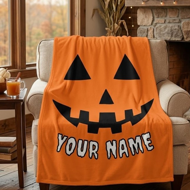 Personalized Orange Pumpkin Halloween Your Name Fleece Blanket (Creator Uploaded)