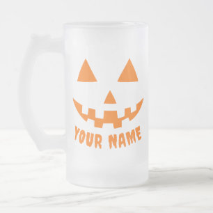 Personalized Orange Pumpkin Halloween Your Name Frosted Glass Beer Mug