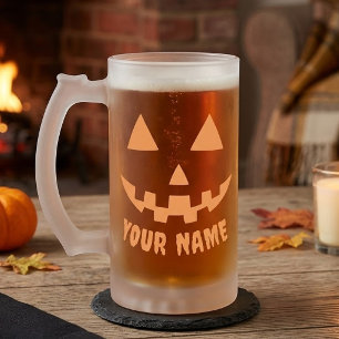 Personalized Orange Pumpkin Halloween Your Name Frosted Glass Beer Mug
