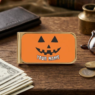 Personalized Orange Pumpkin Halloween Your Name Gold Finish Money Clip