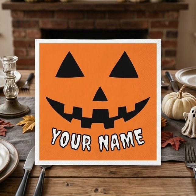 Personalized Orange Pumpkin Halloween Your Name Napkins (Creator Uploaded)