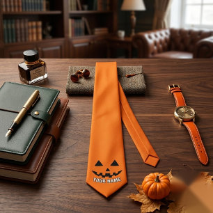 Personalized Orange Pumpkin Halloween Your Name Neck Tie