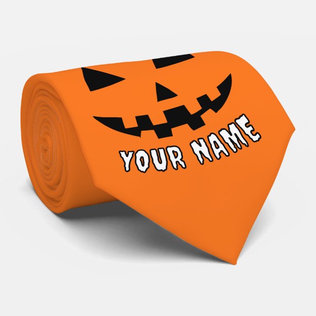 Personalized Orange Pumpkin Halloween Your Name Neck Tie (Rolled)