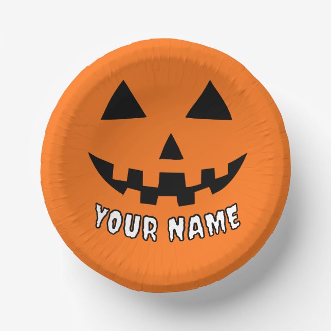 Personalized Orange Pumpkin Halloween Your Name Paper Bowls (Front)