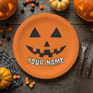 Personalized Orange Pumpkin Halloween Your Name Paper Plates