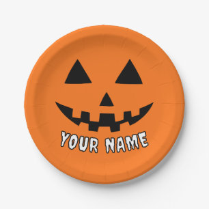 Personalized Orange Pumpkin Halloween Your Name Paper Plates