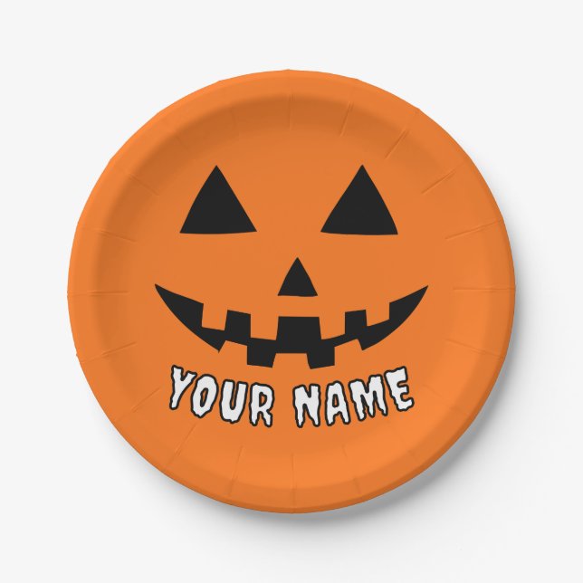 Personalized Orange Pumpkin Halloween Your Name Paper Plates (Front)