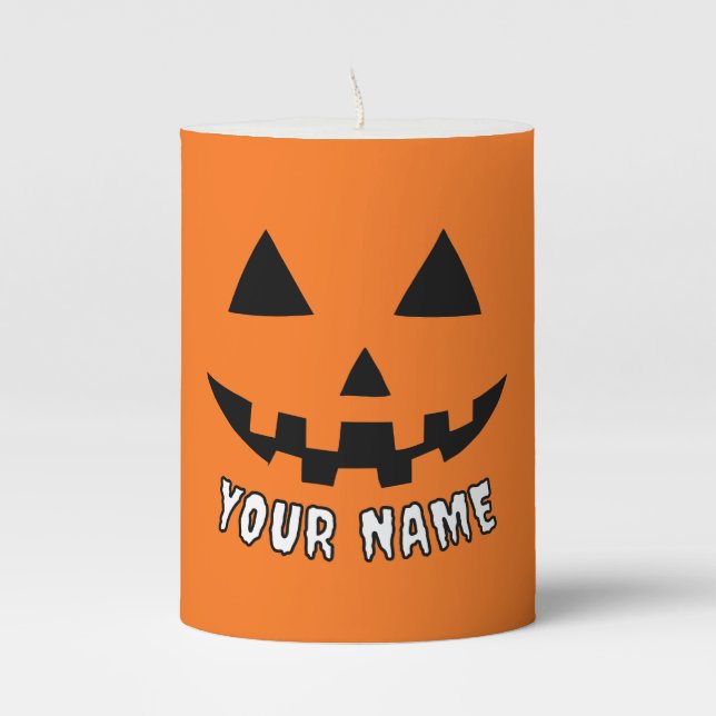 Personalized Orange Pumpkin Halloween Your Name Pillar Candle (Front)